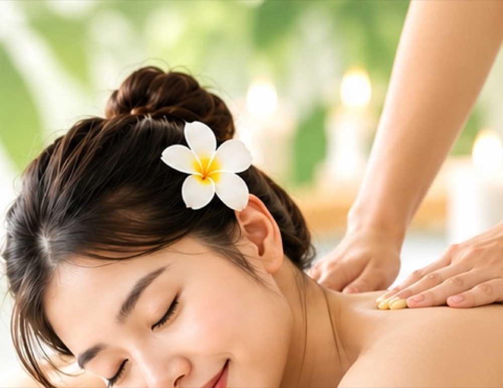 Khách thư giãn trong buổi dưỡng sinh với hoa sứ và nến